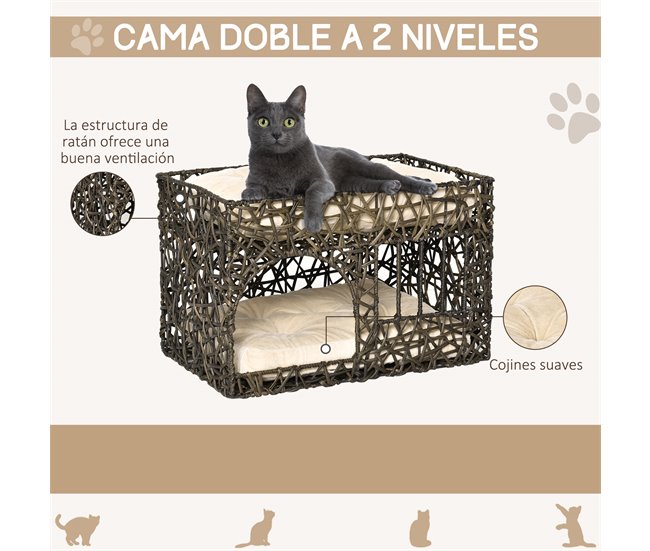 Cesta de Vime para Gatos Metal, Vime PE e Algodão PP PawHut Castanho