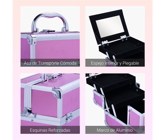 Maleta de Maquiagem Quadro de alumínio, MDF, pelúcia HOMCOM Rosa