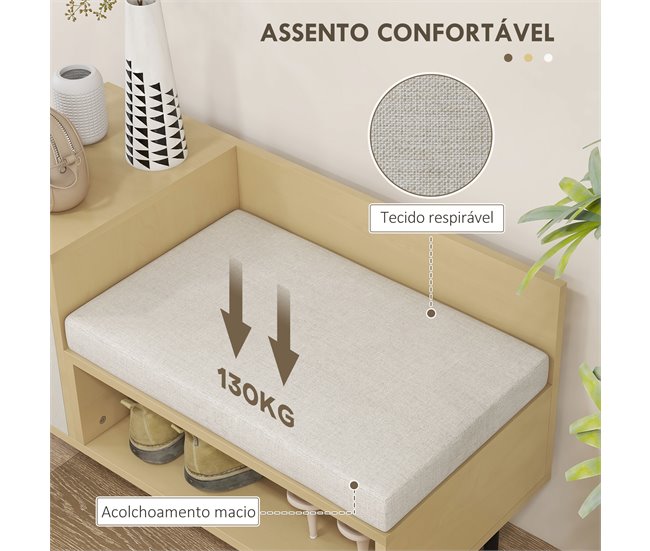 Banco Sapateira Melamina de Madeira e Metal HOMCOM Branco/ Madeira