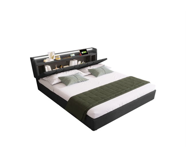 Cama de casal de linho com armazenamento 157x215
