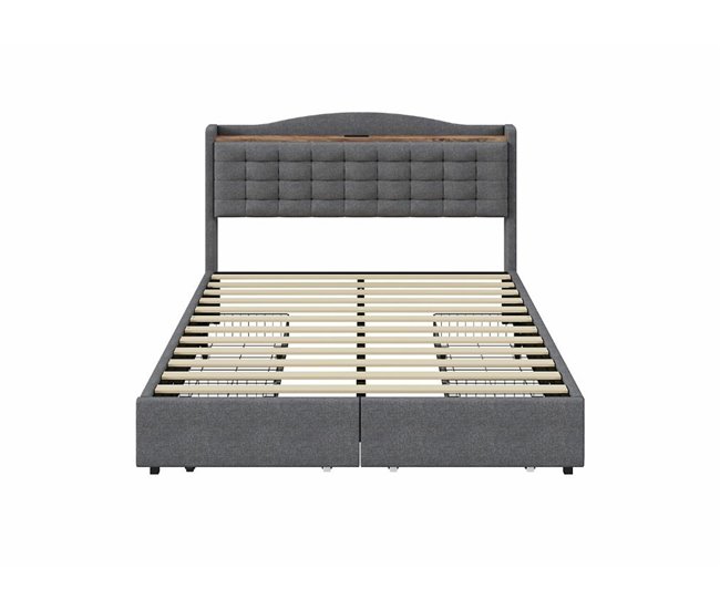 Cama king size estofada em linho com 4 gavetas e 2 portas usb 200x166