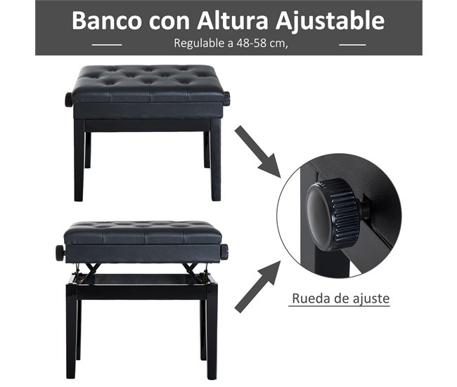 Banco de Piano Madeira de Borracha e Couro Sintético HOMCOM Preto