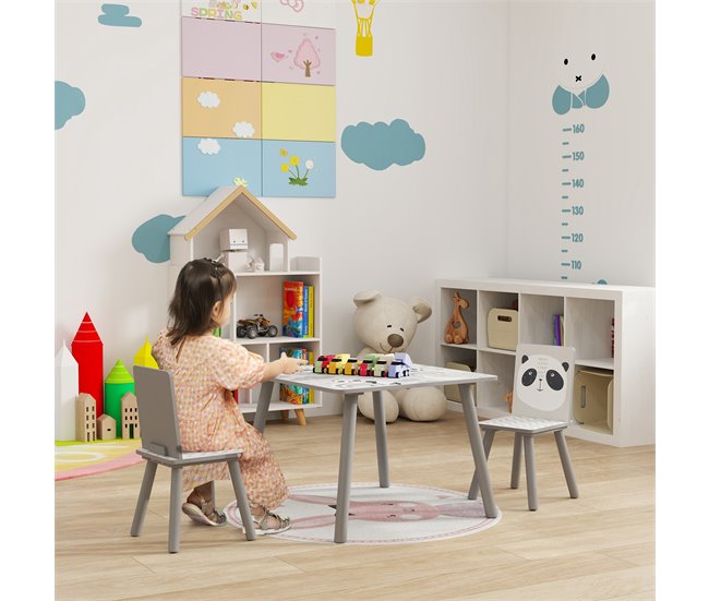Mesa e Cadeiras Crianças MDF e Madeira de Pinho ZONEKIZ Cinza