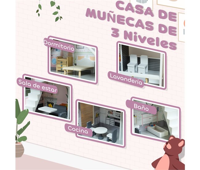 Casa de Bonecas MDF e Madeira de Pinho AIYAPLAY Cinza