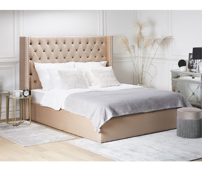 Beliani Cama com armazenamento Veludo LUBBON Bege