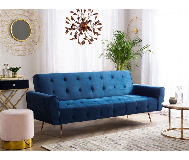 Beliani Sofá-cama Veludo SELNES Azul Marino