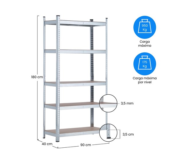 Estante Modular com 5 Prateleiras Ajustáveis ​​O91 90 Prata