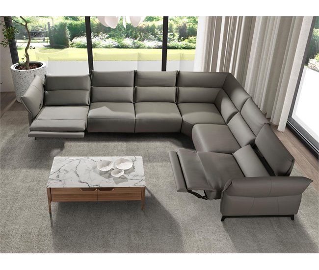ANGEL CERDA Sofá de canto modular relax em pele cinzenta escura Cinza