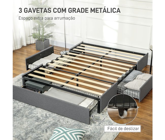 Estrutura Cama de Casal Poliéster e Placa Multicamada HOMCOM Cinza