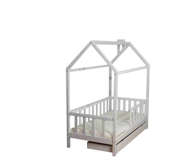 Cama infantil de madeira tipo cabana com gaveta e base 80x160