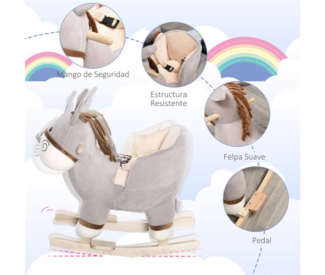Baloiço Infantil Madeira de Álamo, Metal e Pelúcia HOMCOM Cinza