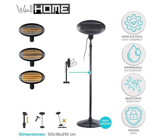 Aquecedor de parede Well Home com 3 tubos de quartzo Cinza