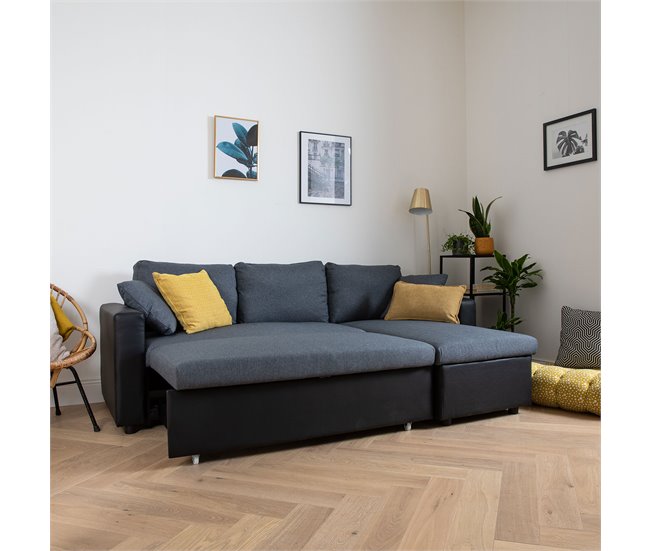 CLARK sofá-cama de canto de 3 lugares em tecido e imitação de couro Preto