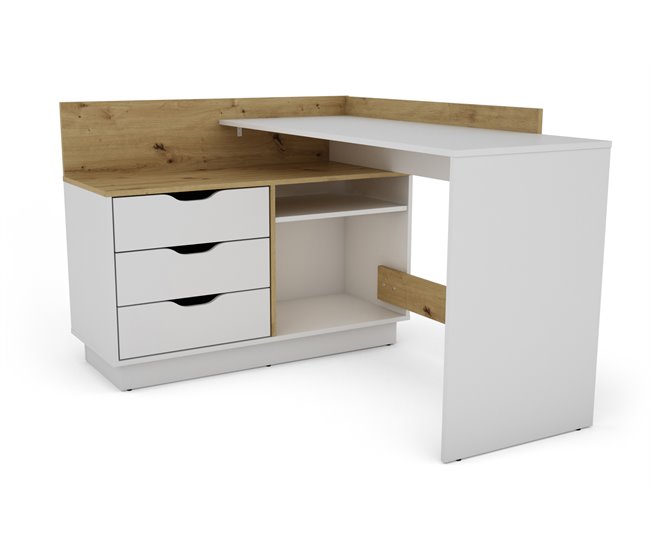 Secretária de escritório ARCO 3 gavetas branco e artesanal Carvalho