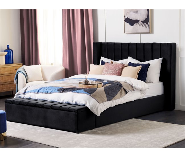 Beliani Cama com banco de arrumação Veludo NOYERS 210x247 Preto