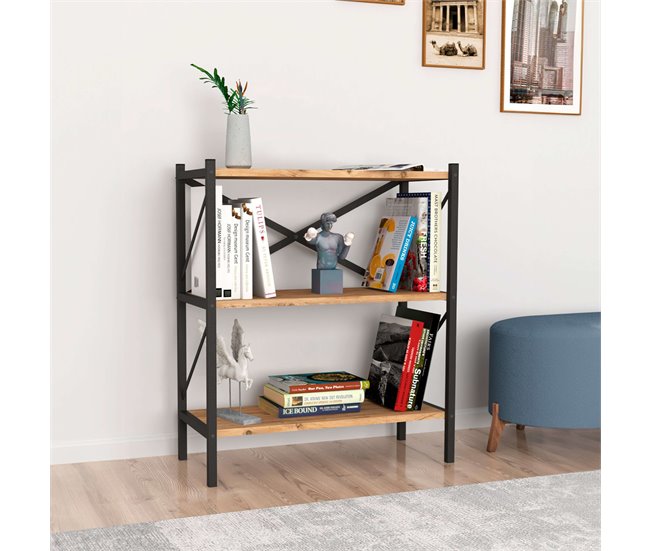 Estante para sala de estar Rus com 3 prateleiras Preto/ Madeira