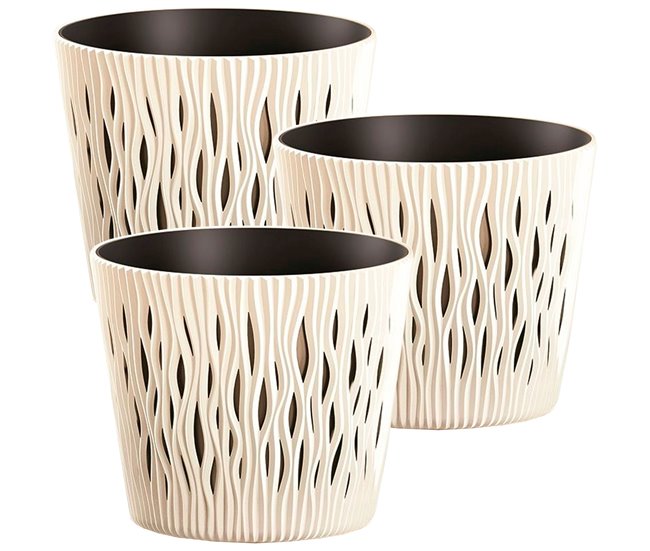 3x plantas redondas de plástico Sandy Round Creme