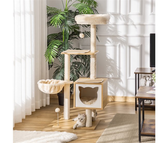 Arranhador para Gatos Aglomerado de Madeira, Pelúcia e Sisal Bege