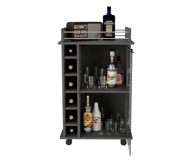 Bar Trolley Dukat, com rodas e porta de vidro 55 Carvalho Cinza