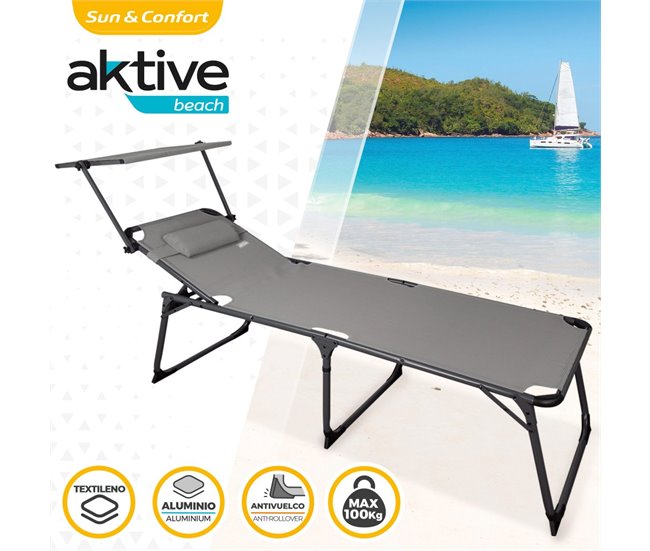 Espreguiçadeira dobrável com guarda-sol e almofada Aktive Cinza