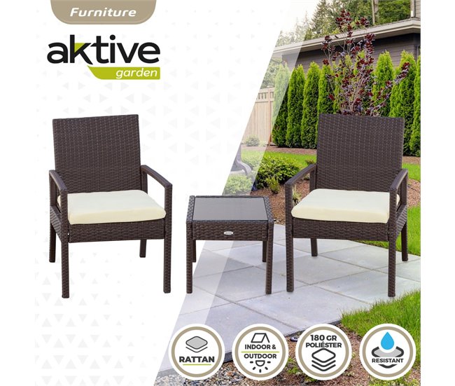Conjunto de mobiliário de terraço com cadeirões e mesa de rotim Aktive Preto