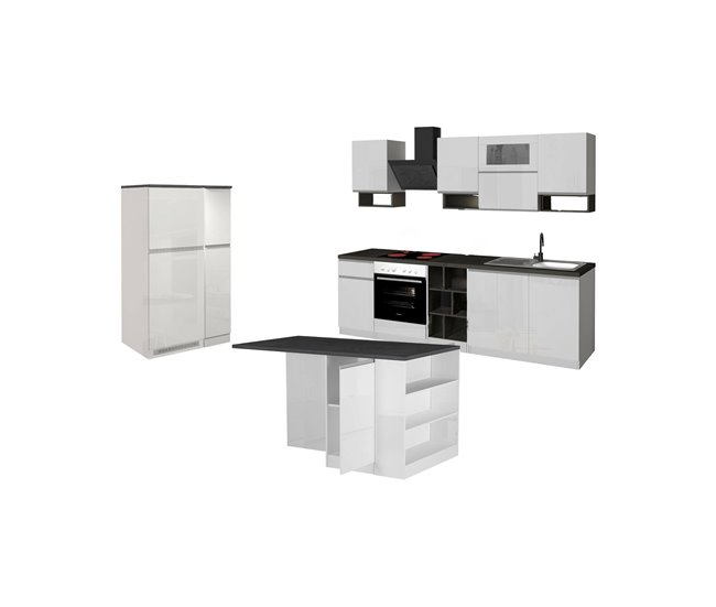 Cozinha completa dantenucc, conjunto com despensa, armário de cozinha, kit bloco com ilha e suporte para frigorífico, 100% fabricado em itália, branco brilhante e ardósia