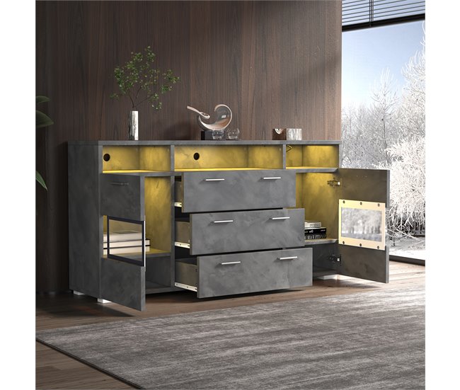 Aparador de painel de partículas com 2 portas e 3 gavetas Cinza