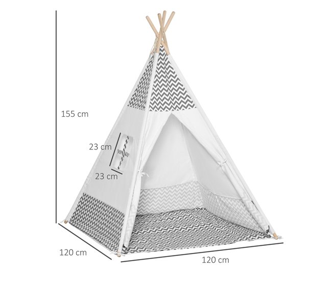 Tenda Tipi Infantil Madeira de Pinho, Poliéster e Algodão HOMCOM Cinza