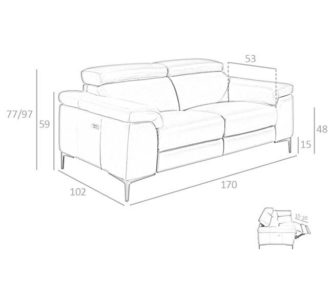 ANGEL CERDA Sofá de relaxamento de 2 lugares em pele cinzenta escura AlumÍnio