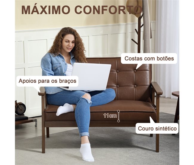 Sofá de 2 Lugares PU e Madeira de Borracha HOMCOM, casa - sófas Castanho