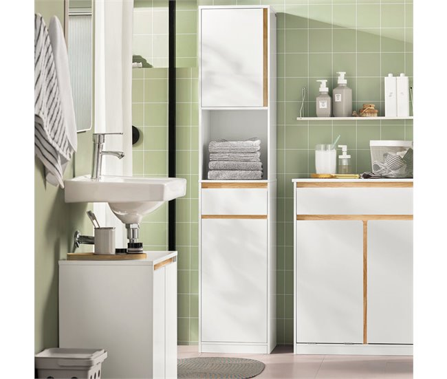Armário alto de casa de banho com 1 gaveta BZR80-W SoBuy Branco