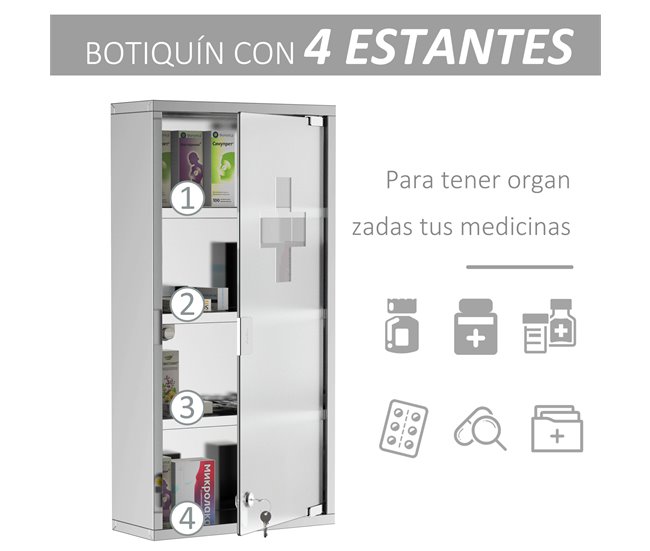Armário para Remedios Aço 430 inox, porta em vidro temperado Cinza