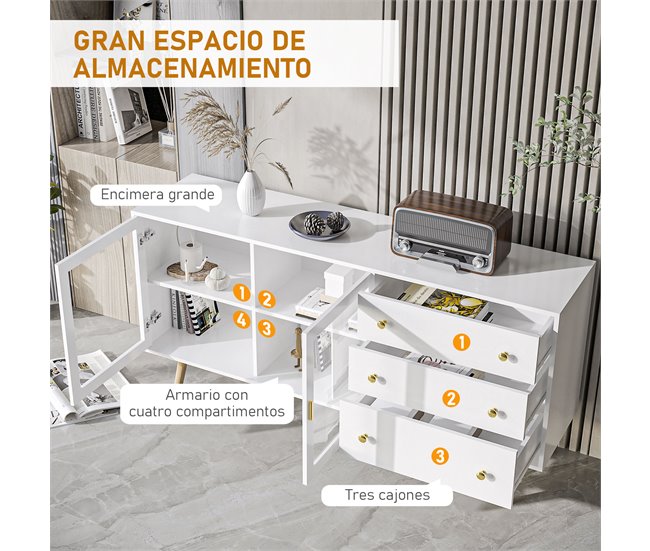 Aparador de Cozinha MDF, Vidro e Madeira de Borracha HOMCOM 160 Branco