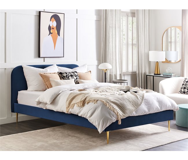 Beliani Cama com estrado Veludo FLAYAT 193x215 Azul Marino