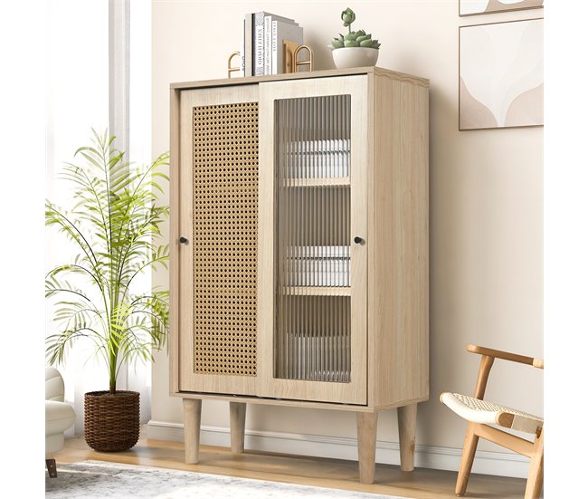 Aparador com efeito madeira e portas em rattan Bege