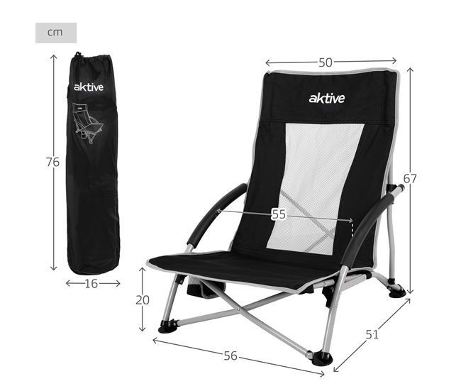 Aktive Pack de 4 cadeiras dobráveis baixas com porta-copos Preto