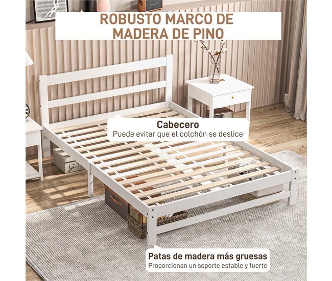 Estrutura de Cama de Casal Madeira de pinho HOMCOM, casa - quarto Branco