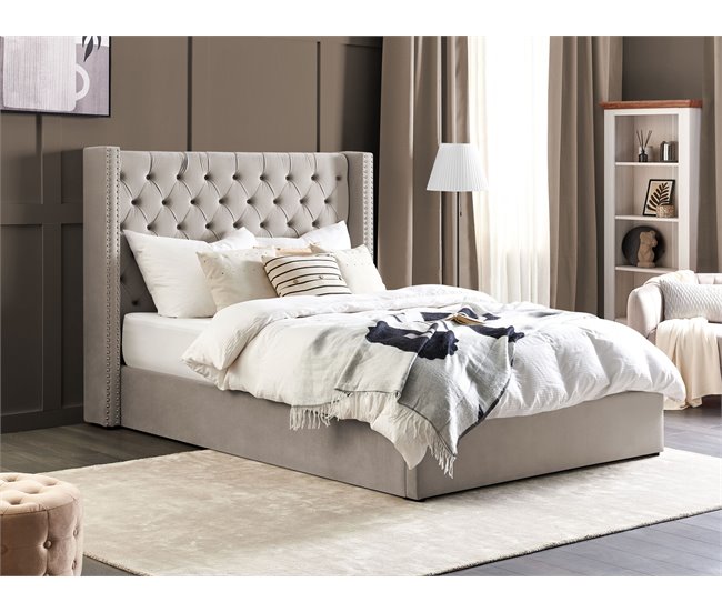Beliani Cama com armazenamento Veludo LUBBON 190x217 Cinza Claro