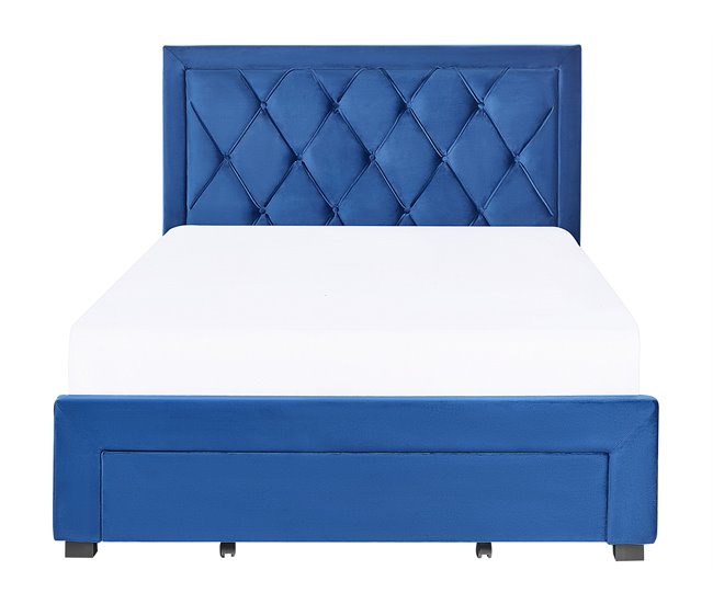 Beliani Cama com armazenamento Veludo LIEVIN 145x217 Azul Marino