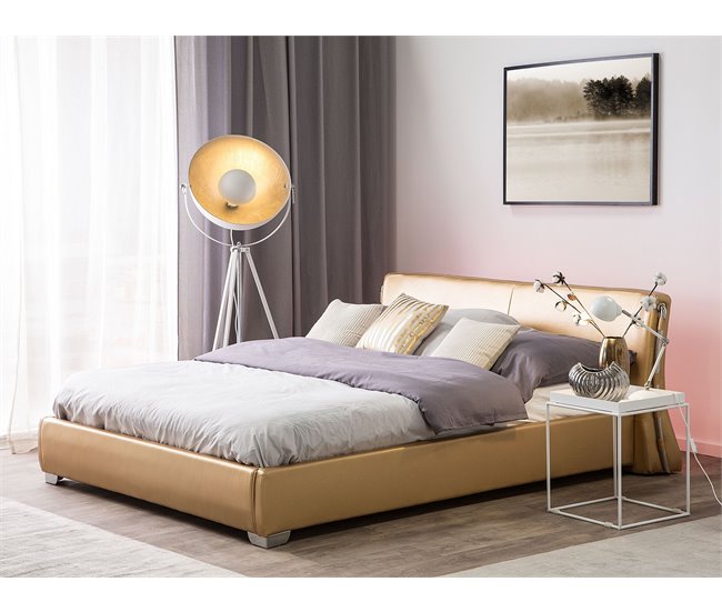 Beliani Cama LED Piel PARIS 215x228 Dourado