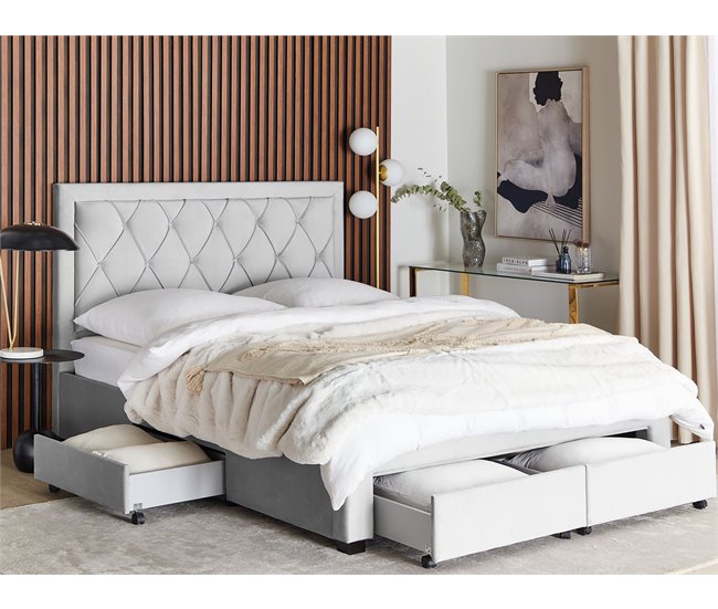 Beliani Cama com armazenamento Veludo LIEVIN 165x217 Azul Marino