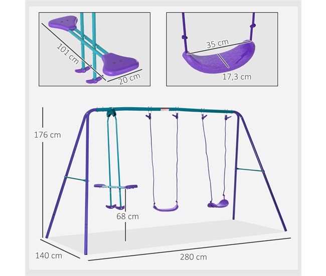 Conjunto de Baloiços de Jardim Metal e PE Outsunny Roxo
