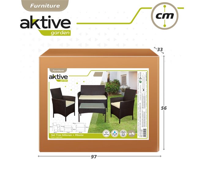 Conjunto de mobiliário de terraço Aktive, poltronas, sofá e mesa de rotim Preto