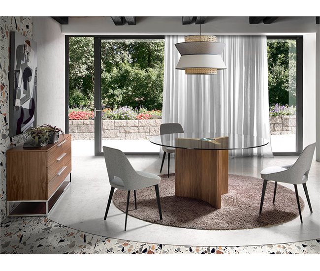 ANGEL CERDA Tabela de jantar redonda vidro temperado e nogueira 150x150 Nogal