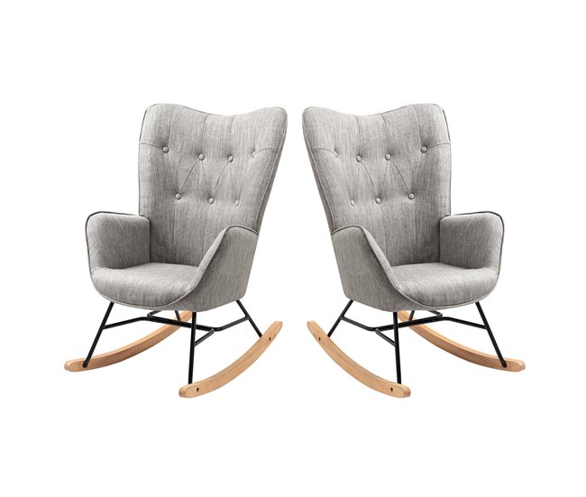 Cadeiras de balanço em tecido cinzento com encosto alto ergonómico e pernas curvas em madeira, design moderno para sala ou quarto infantil, conjunto de 2, suporta até 120 kg, assento acolchoado ideal para amamentação, leitura e relaxamento