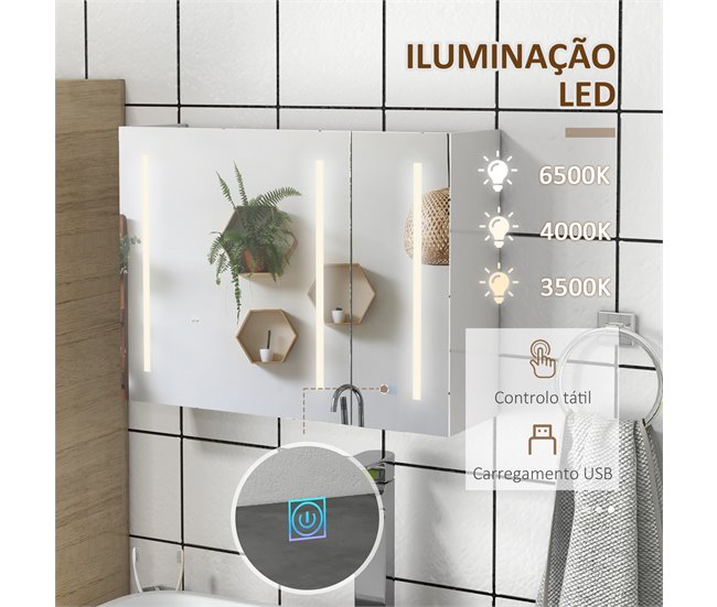 Armário Casa de Banho com Espelho MDF e Vidro kleankin Branco