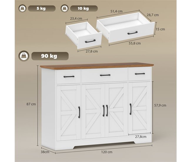 Aparador Melamina de Madeira, MDF HOMCOM Branco