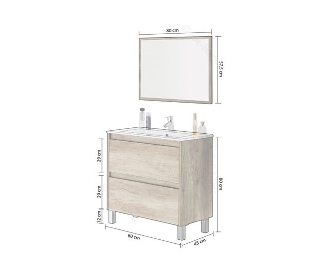 Armário de casa de banho com espelho Thai 2 gavetas 73 Madeira