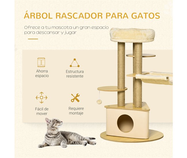 Árvore Arranhadora para Gatos MDF, Juta, Pelúcia e Feltro PawHut Bege