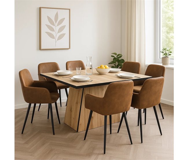 Jogo de jantar com mesa efeito madeira e 6 cadeiras estilo industrial Madeira Clara